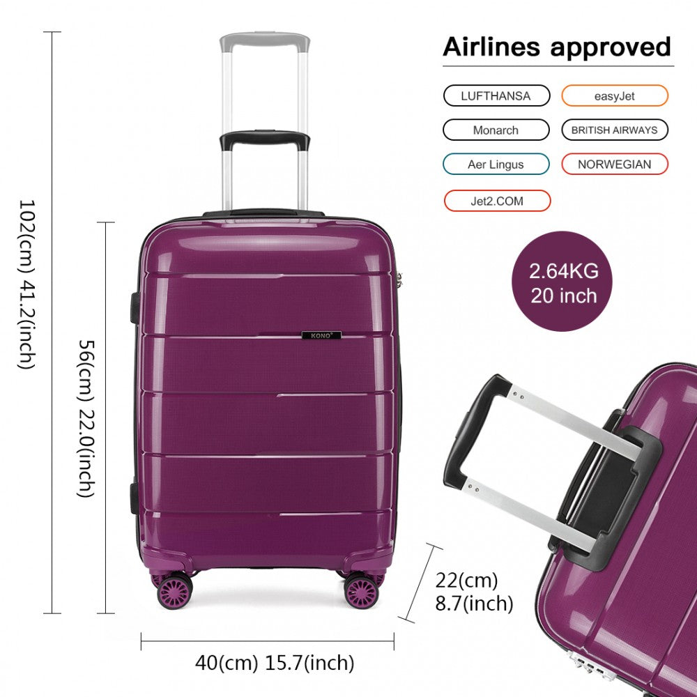 Kono 20 Inch Cabin Size Hard Shell PP Suitcase - Purple