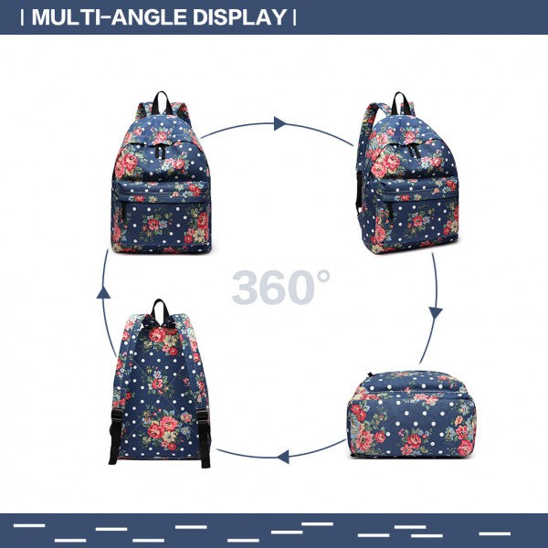 Miss Lulu Large Backpack Flower Polka Dot - Navy