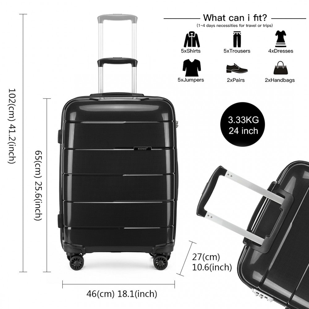 Kono 24 Inch Hard Shell PP Suitcase - Black