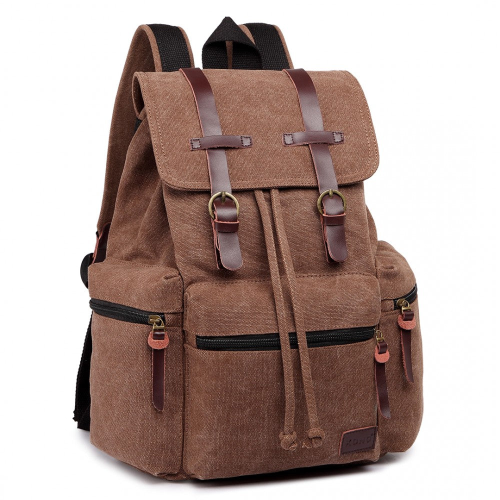 Kono Large Multi Function Leather Details Canvas Backpack Coffee