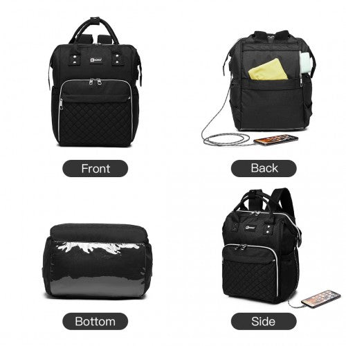 Kono Plain Wide Opening Baby Nappy Changing Backpack With USB Connectivity - Black