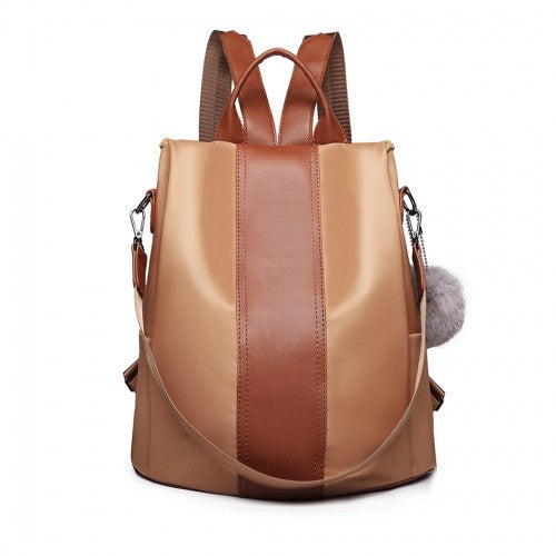 Miss Lulu Two Way Backpack Shoulder Bag With Pom Pom Pendant - Brown