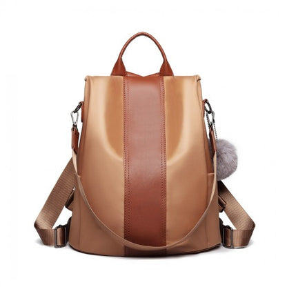 Miss Lulu Two Way Backpack Shoulder Bag With Pom Pom Pendant - Brown