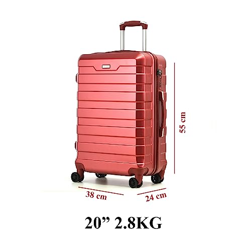 Hard Shell PC Carry on Cabin Approved 20'' Lightweight Suitcase Luggage Trolley with 4 Spinner Wheels TSA Combination Lock Suitcase Approved by Over 100+ Airlines (Red Wine)