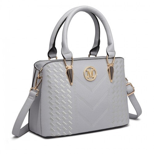 Miss Lulu Leather Look Weave Effect Shoulder Bag - Light Grey