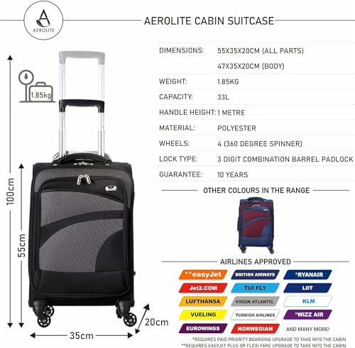 Aerolite Lightweight 4 Wheel Carry On Hand Cabin Luggage Suitcase Black Grey for British Airways Ryanair (Priority) easyJet (Plus/Flexi) & Many More