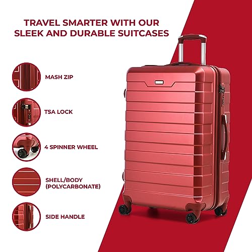 Hard Shell PC Carry on Cabin Approved 20'' Lightweight Suitcase Luggage Trolley with 4 Spinner Wheels TSA Combination Lock Suitcase Approved by Over 100+ Airlines (Red Wine)