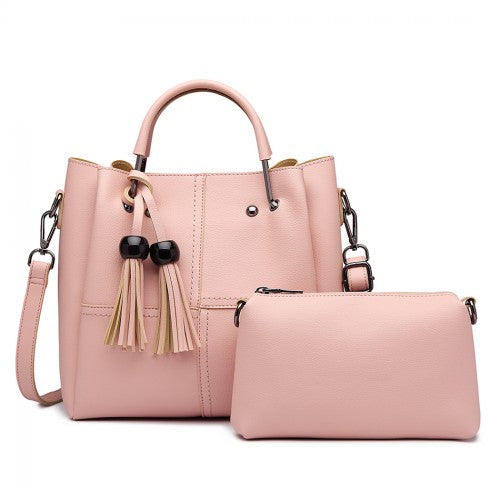 Miss Lulu Leather Look 2 In 1 Bucket Handbag - Pink