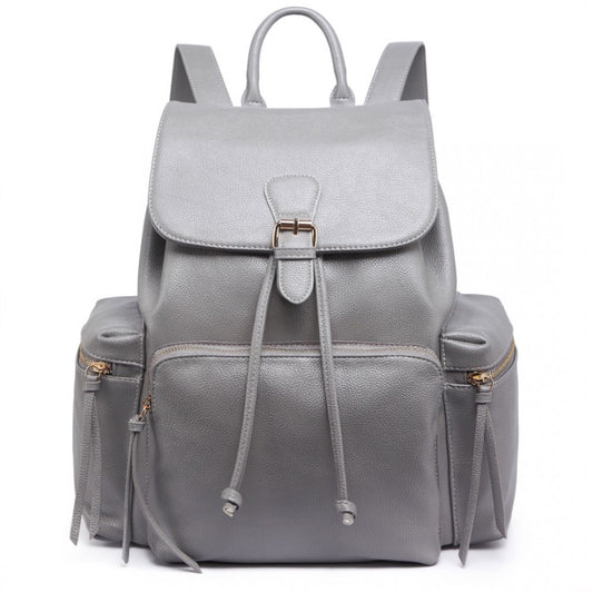 Miss Lulu Pu Leather Multi-Pocketslarge Backpack Grey