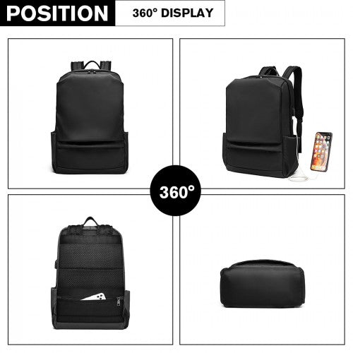 Kono Water Resistant Travel Backpack With USB Charging Port - Balck