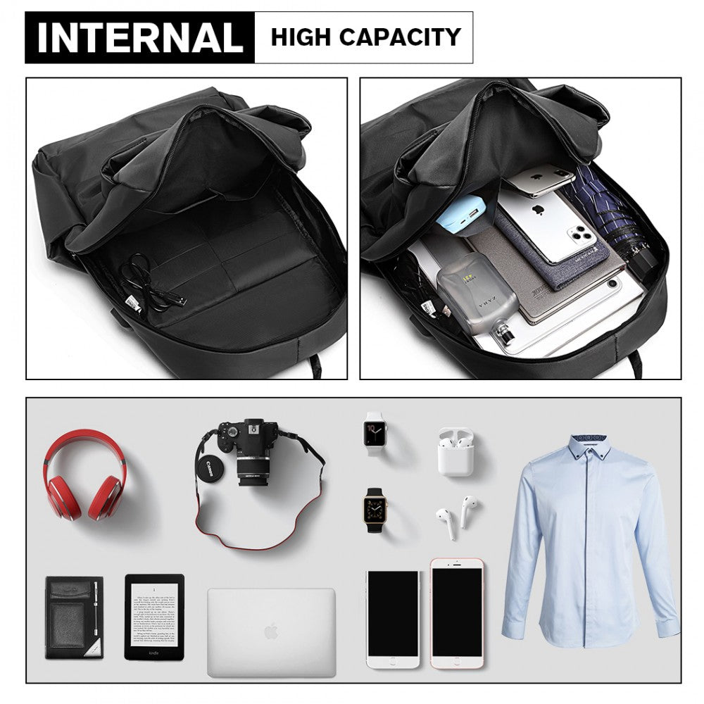 Kono Water Resistant Travel Backpack With USB Charging Port - Balck