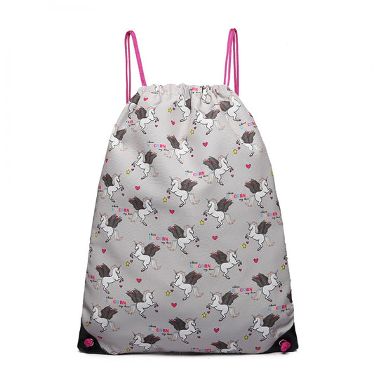 Miss Lulu Unicorn Print Drawstring Backpack - Grey