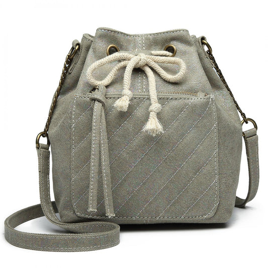 Miss Lulu Sparkle Canvas Drawstring Cross Body Bag - Grey