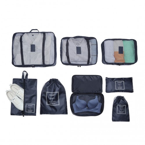 Kono 8 Piece Polyester Travel Luggage Organiser Bag Set - Navy Blue