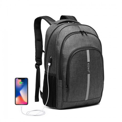 Kono Large Backpack With Reflective Stripe And USB Charging Interface - Grey