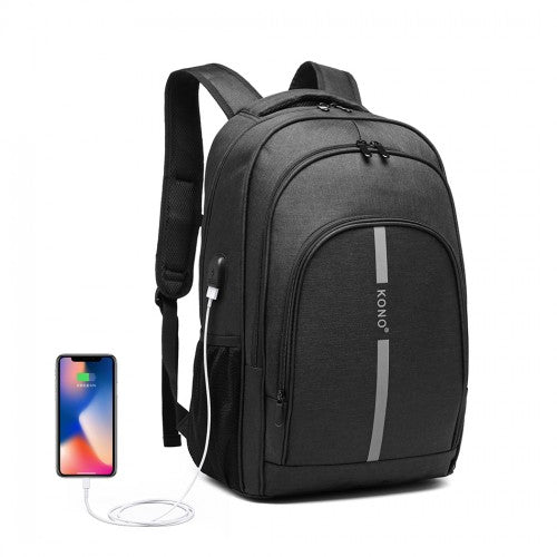 Kono Large Backpack With Reflective Stripe And USB Charging Interface - Black