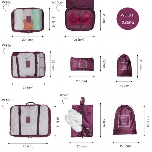 Kono 8 Piece Polyester Travel Luggage Organiser Bag Set - Burgundy