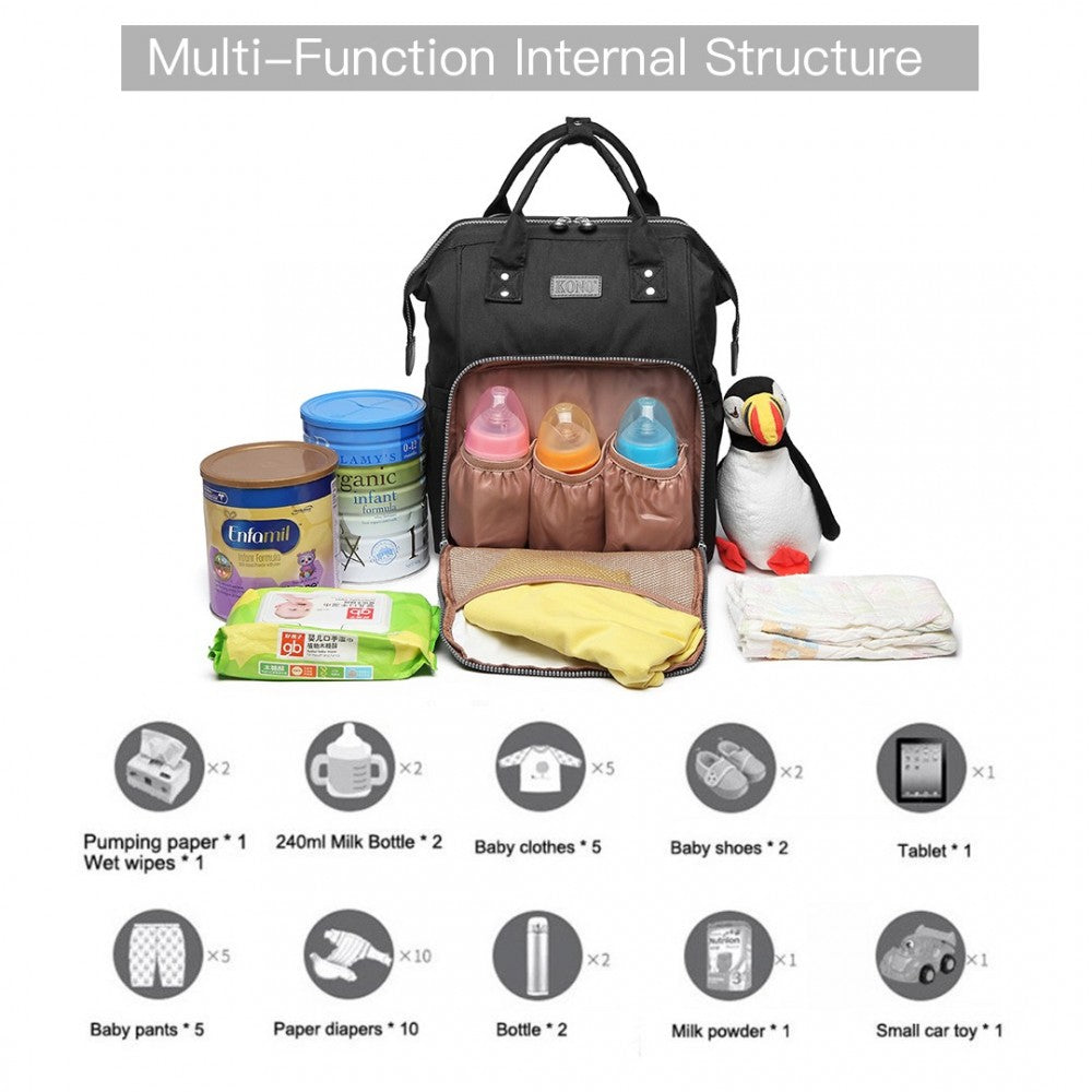 Kono Wide Open Designed Baby Diaper Changing Backpack - Black