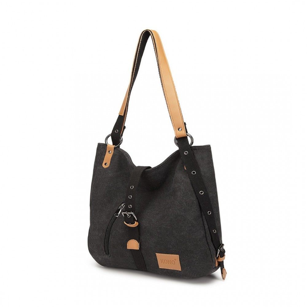 Kono Canvas Hobo Slouch Shoulder Bag And Backpack - Black