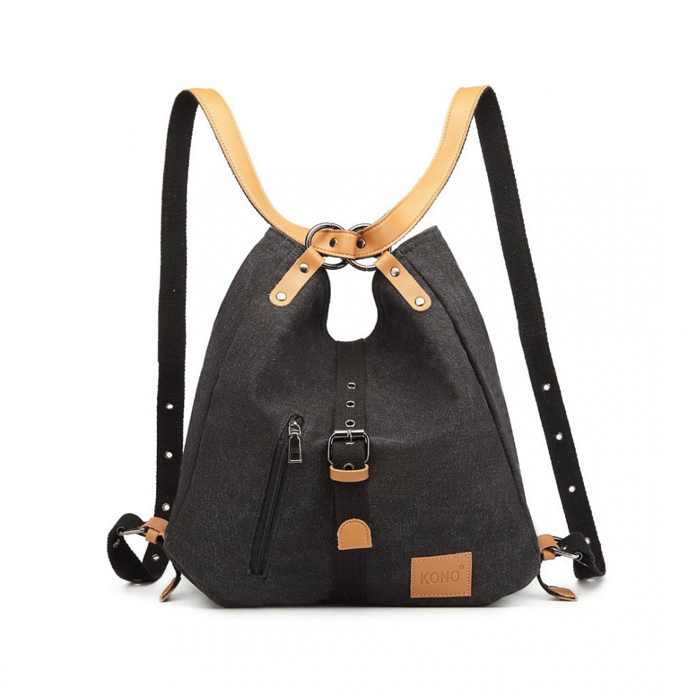 Kono Canvas Hobo Slouch Shoulder Bag And Backpack - Black