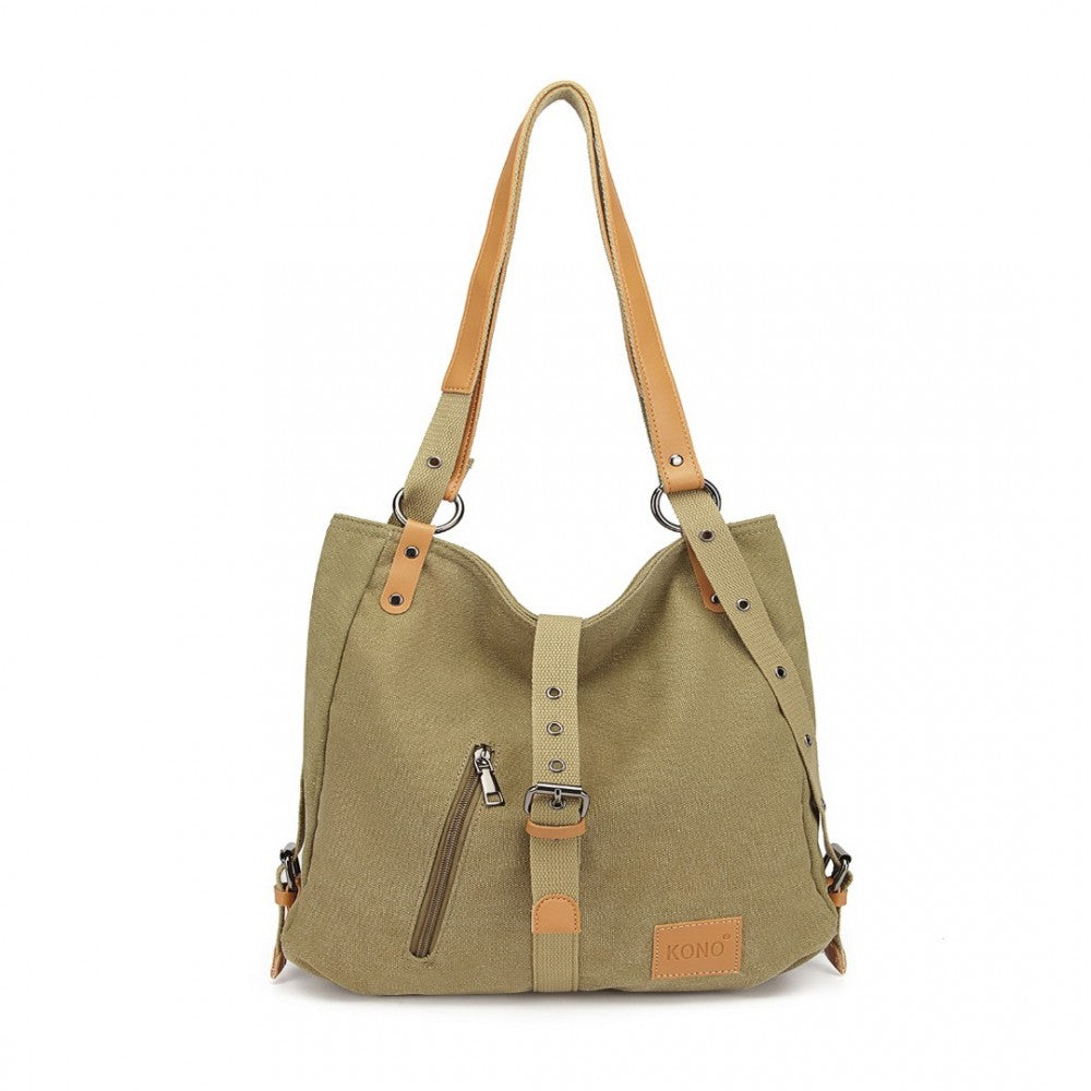 Kono Canvas Hobo Slouch Shoulder Bag And Backpack - Khaki