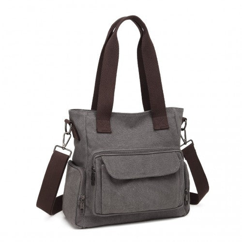 Kono Large Capacity Multi Compartment Canvas Crossbody Tote Bag - Grey