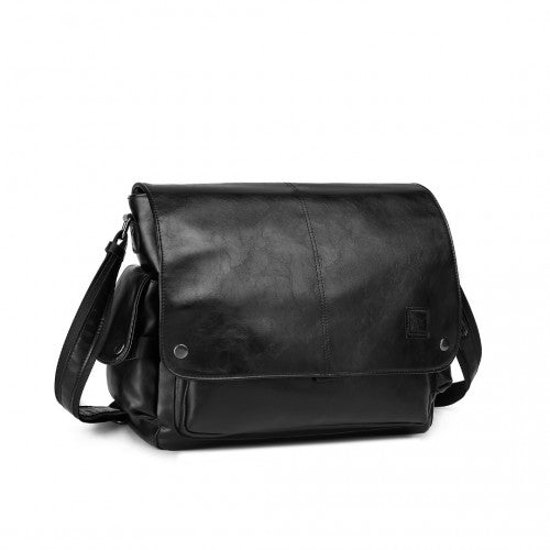 Kono Casual Leather Men's Large Capacity Shoulder Bag - Black