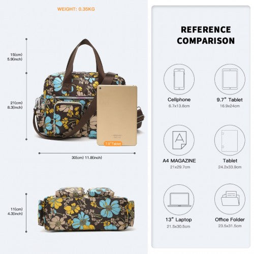 Kono Sleek Multi-Pocket Water-Resistant Crossbody Tote Bag With Flower Print - Brown