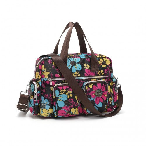 Kono Sleek Multi-Pocket Water-Resistant Crossbody Tote Bag With Flower Print - Black