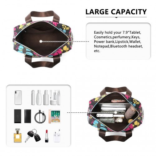 Kono Sleek Multi-Pocket Water-Resistant Crossbody Tote Bag With Flower Print - Black