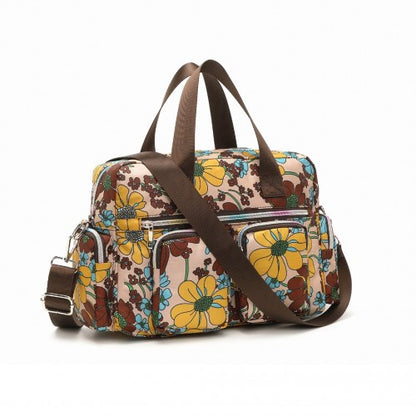 Kono Sleek Multi-Pocket Water-Resistant Crossbody Tote Bag With Flower Print - Khaki