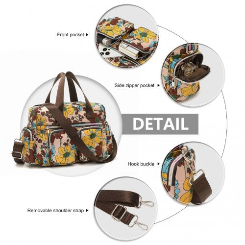 Kono Sleek Multi-Pocket Water-Resistant Crossbody Tote Bag With Flower Print - Khaki