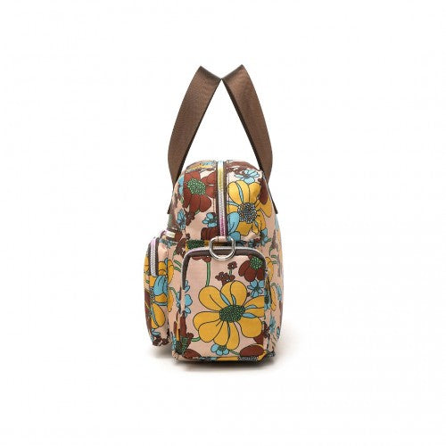 Kono Sleek Multi-Pocket Water-Resistant Crossbody Tote Bag With Flower Print - Khaki