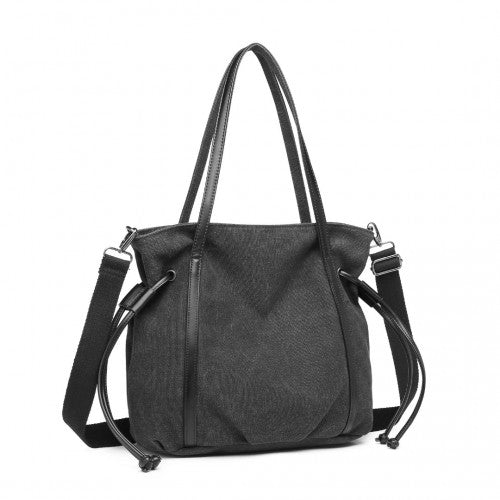 Kono Large Capacity Canvas & Leather Fusion Shoulder Tote Bag - Black