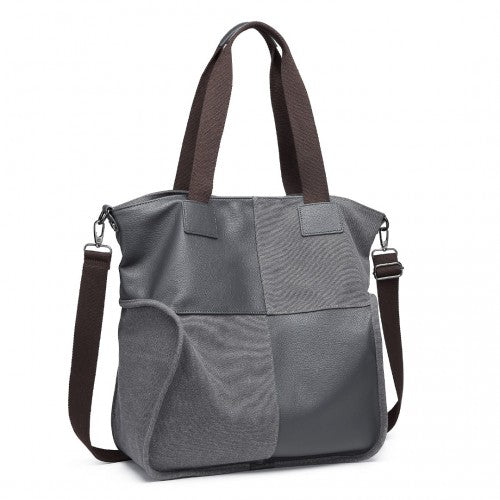 Kono Paneled Contrast Large Capacity Canvas Shoulder Bag - Grey