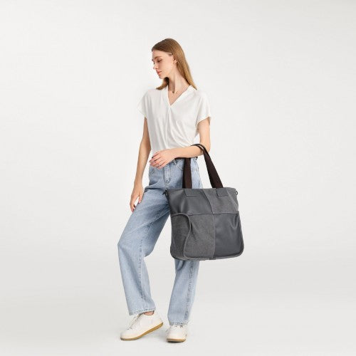 Kono Paneled Contrast Large Capacity Canvas Shoulder Bag - Grey