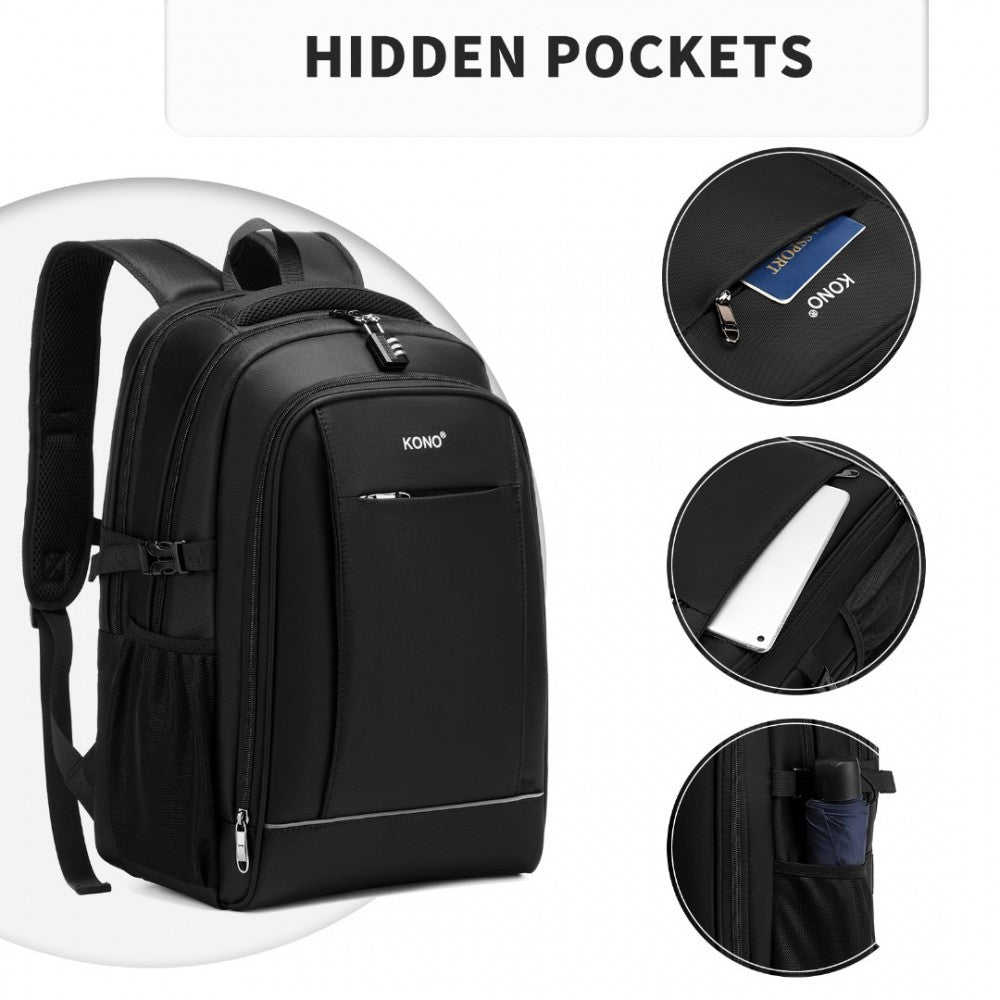 Kono Functional Travel Backpack With USB Charging Port - Black