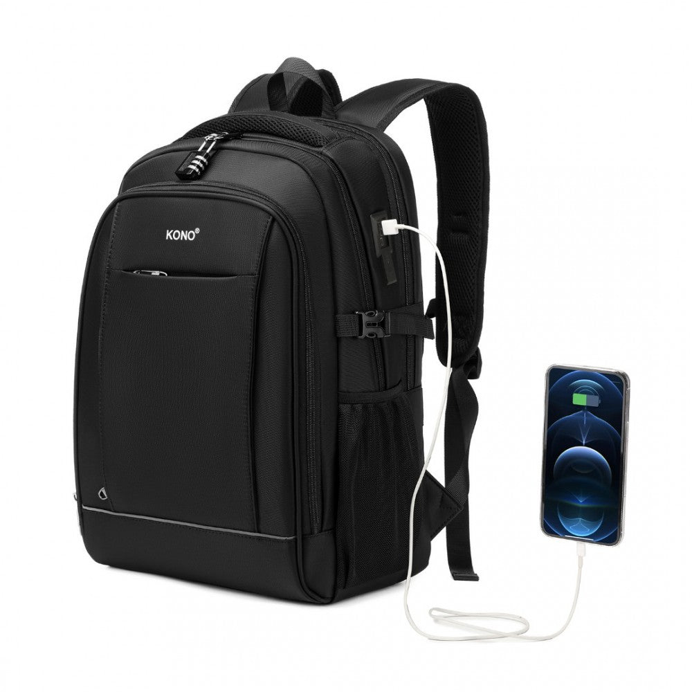 Kono Functional Travel Backpack With USB Charging Port - Black