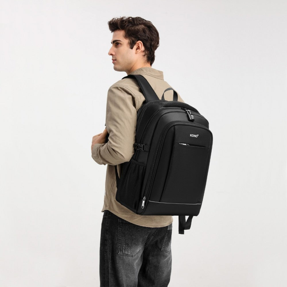 Kono Functional Travel Backpack With USB Charging Port - Black