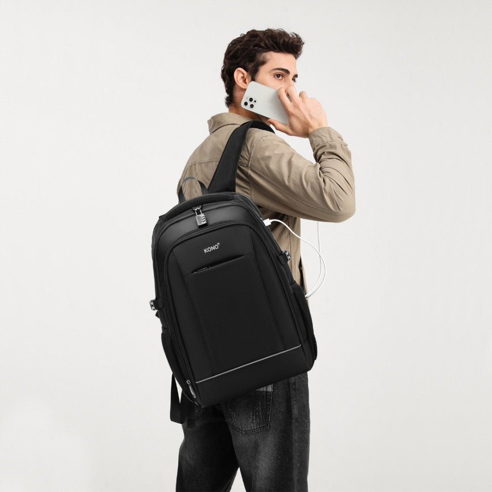 Kono Functional Travel Backpack With USB Charging Port - Black