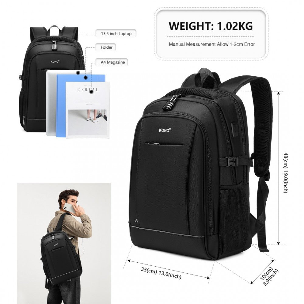 Kono Functional Travel Backpack With USB Charging Port - Black