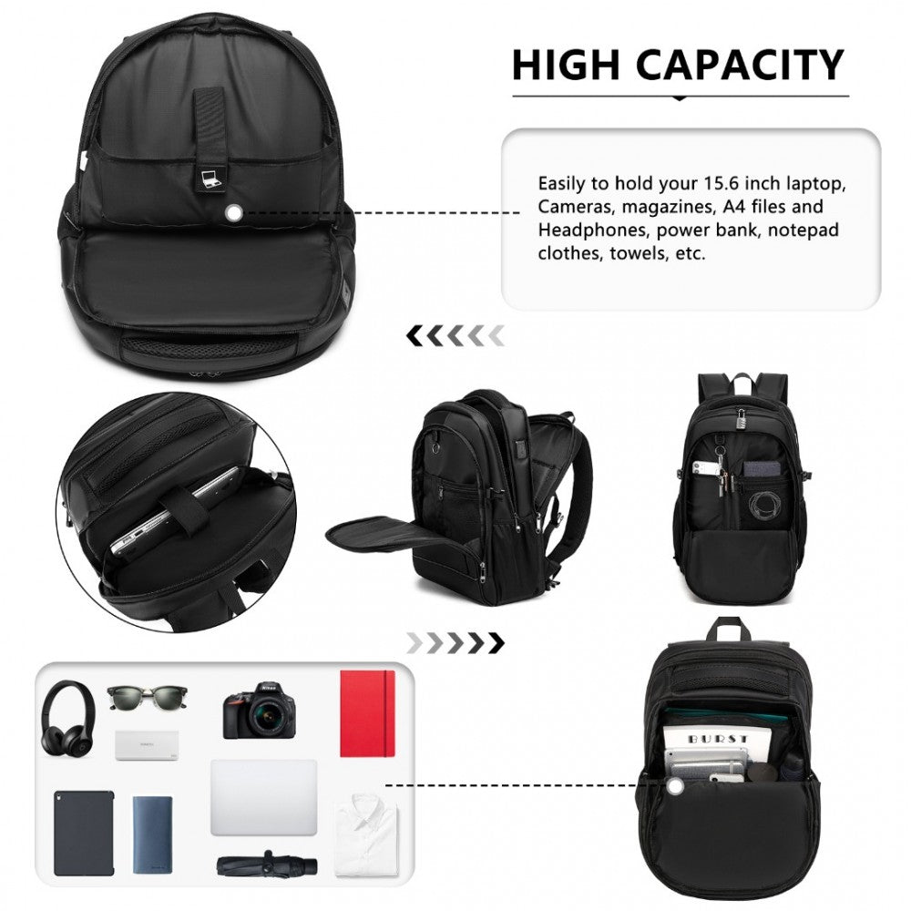 Kono Functional Travel Backpack With USB Charging Port - Black