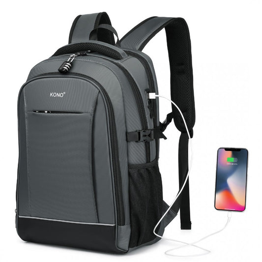 Kono Functional Travel Backpack With USB Charging Port - Grey