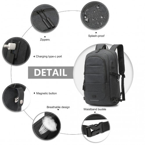 Kono Multi-Compartment Water Resistant Backpack with USB Charging Port - Black