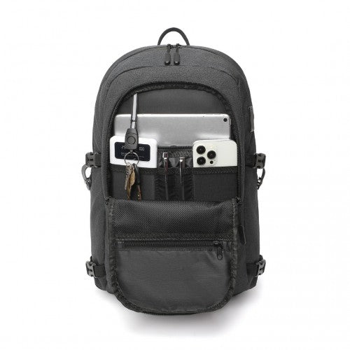 Kono Multi-Compartment Water Resistant Backpack with USB Charging Port - Black