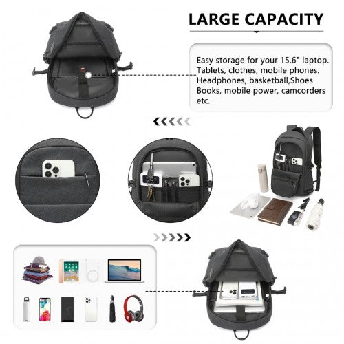 Kono Multi-Compartment Water Resistant Backpack with USB Charging Port - Black