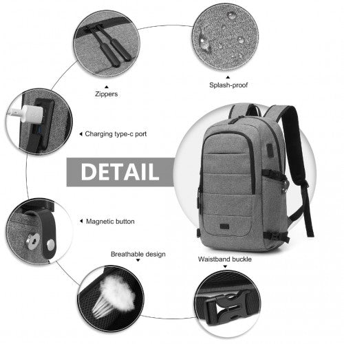 Kono Multi-Compartment Water Resistant Backpack with USB Charging Port - Grey