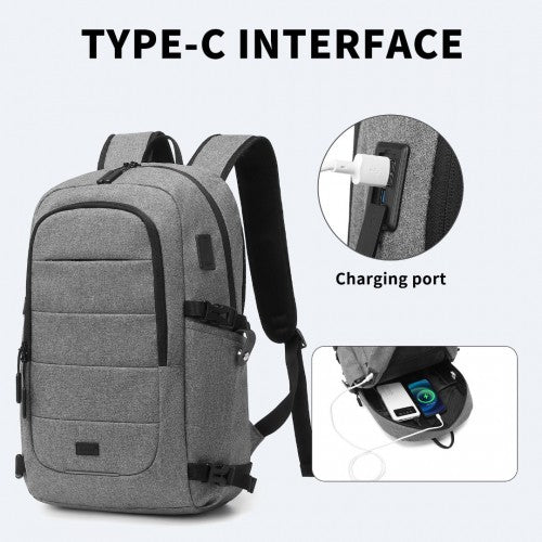 Kono Multi-Compartment Water Resistant Backpack with USB Charging Port - Grey