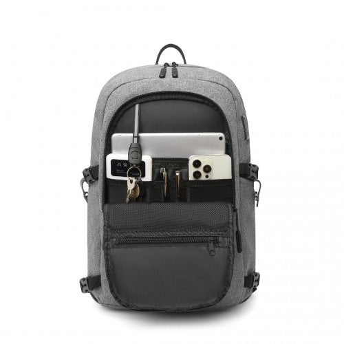 Kono Multi-Compartment Water Resistant Backpack with USB Charging Port - Grey