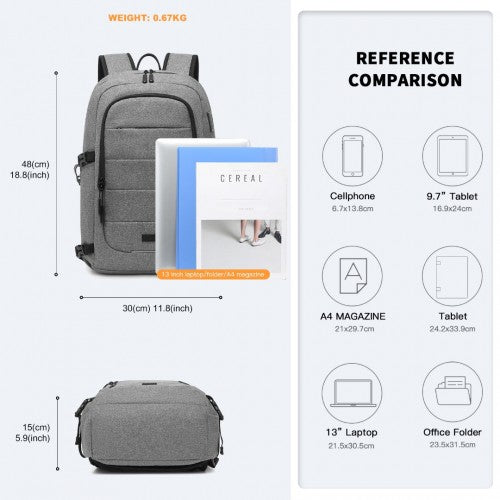 Kono Multi-Compartment Water Resistant Backpack with USB Charging Port - Grey